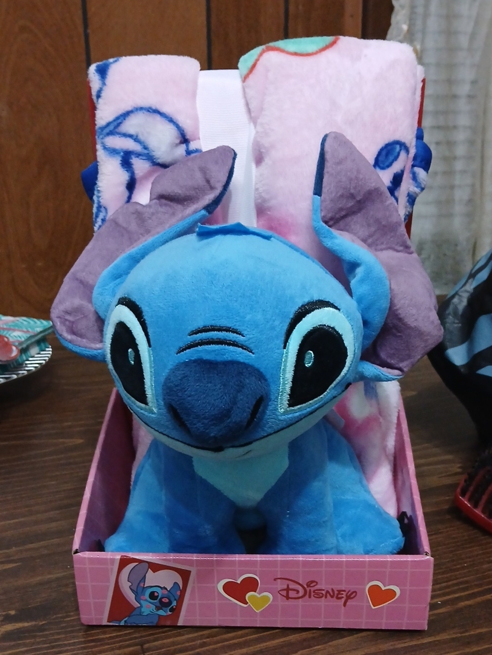 Disney Blue Stitch Plush with Pink Blanket Accents